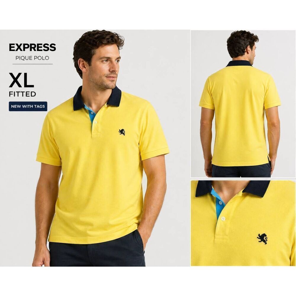 Express Pique Polo Shirt XL Yellow Fitted Short Sleeve Cotton Mens NWT